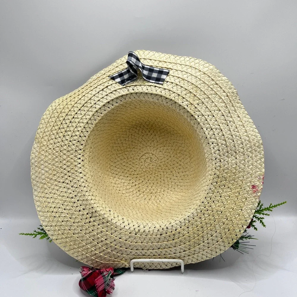 Set of 3 Seasonal Straw Hat Wreaths Floral Wall Decor Hanging Front Door Decor